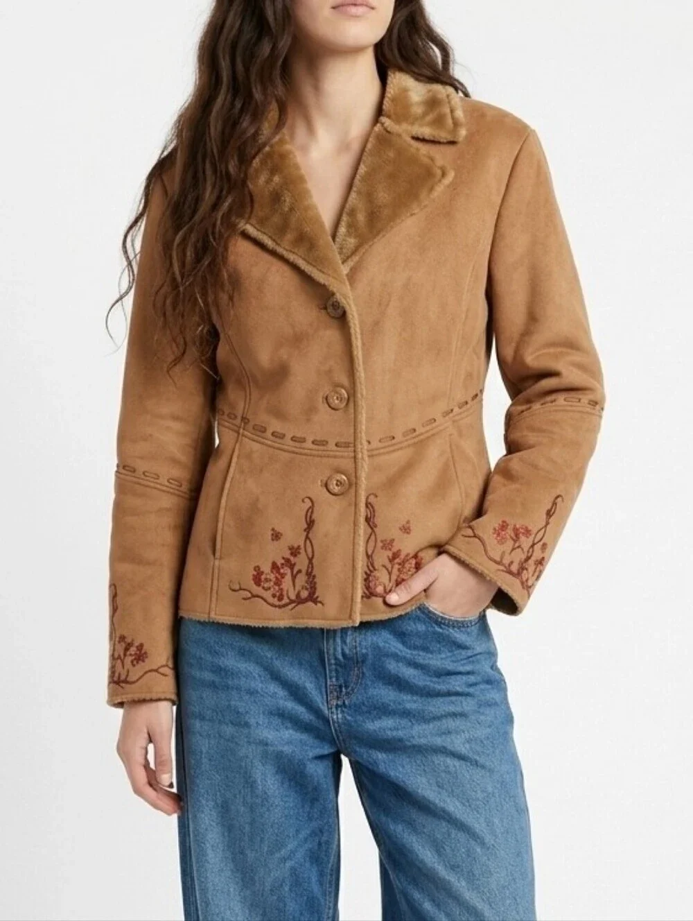 Vintage Faux Suede Faux Fur Collared Floral Embroidered Whipstitch Jacket